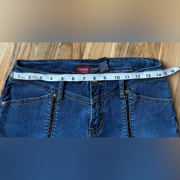 Younique Original Women’s Flare Jeans Low Rise Faux Leather Trim Sz 5 Y2k - Picture 6 of 10